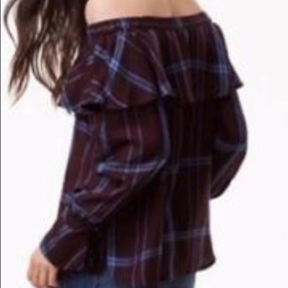Loft plaid off the shoulder blouse